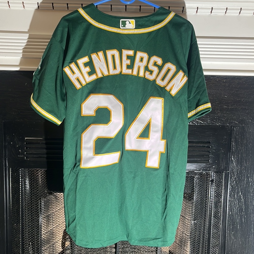 Oakland Athletics Rickey Henderson Baseball Jersey Green White Yellow Mens Large